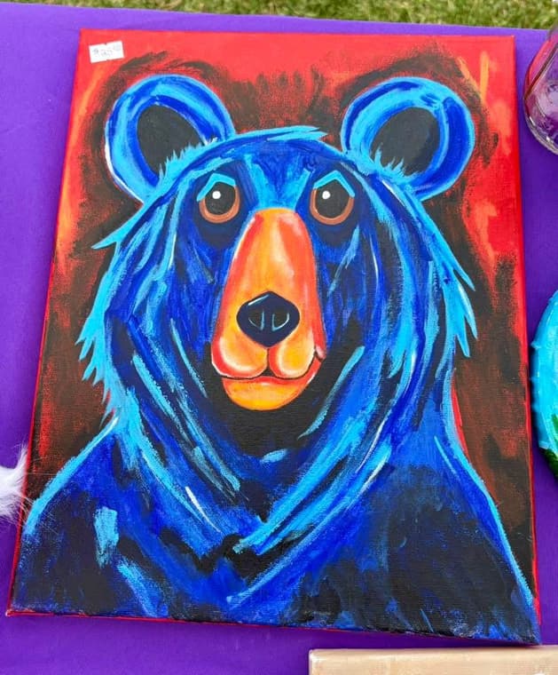 Original acrylic painting of a blue bear on a red ground